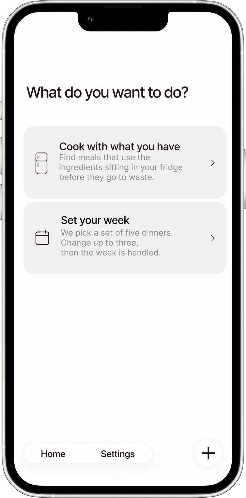 The Rice home screen, asking what you want to do: cook with what you have, or set your week.