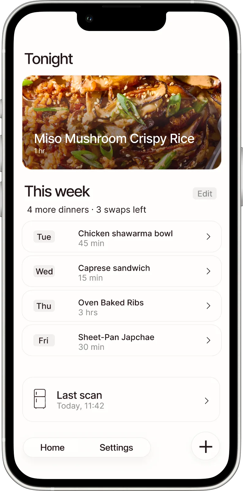 The Rice today screen, showing tonight's dinner and the four dinners planned for the rest of the week.