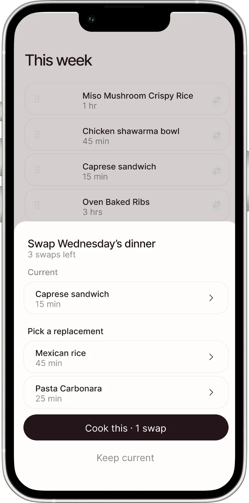 The Rice week screen with the swap sheet open, offering two replacements for Wednesday's dinner.